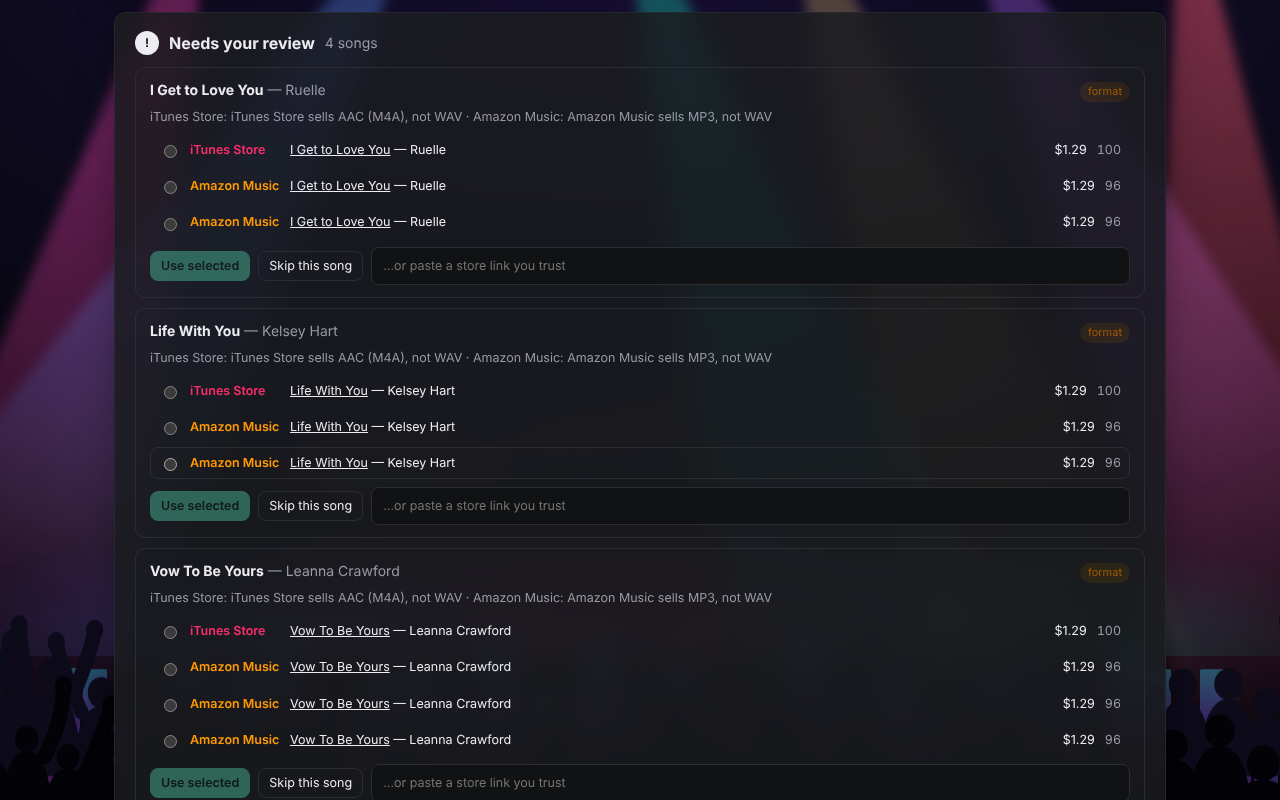 Unsure matches wait for you, with the alternatives side by side.
